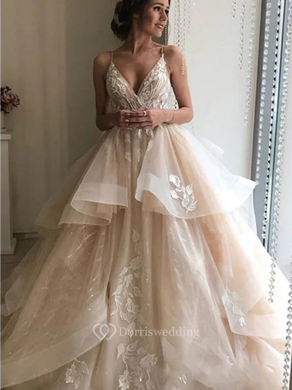 Champagne Layered Tulle V-Neck Wedding Gown